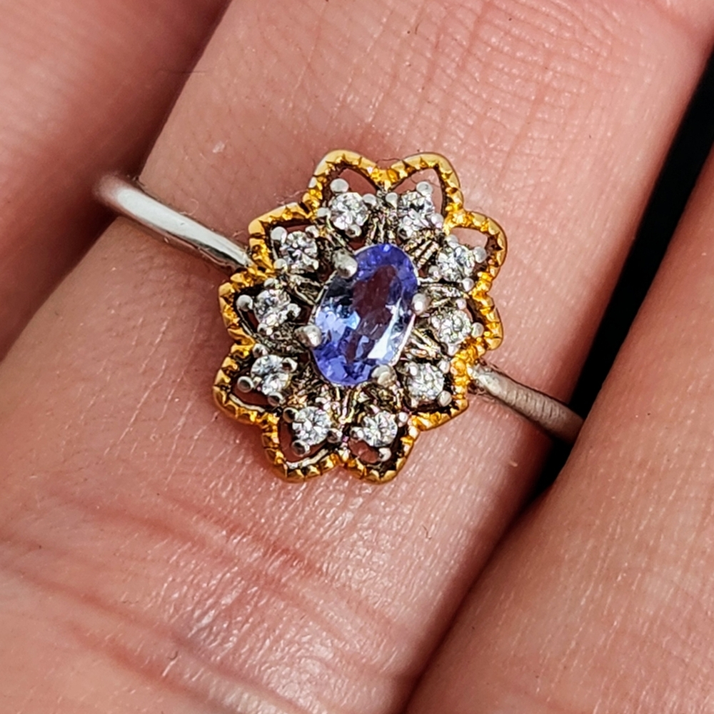 925 Sterling Silver Natural Blue Purplish Tanzanite Zirconia Diamonds Ring - Picture 4 of 10